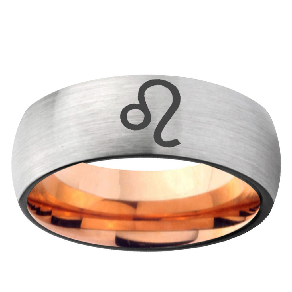 6MM Leo Zodiac Dome Gray And Rose Gold Tungsten Carbide Wedding Bands