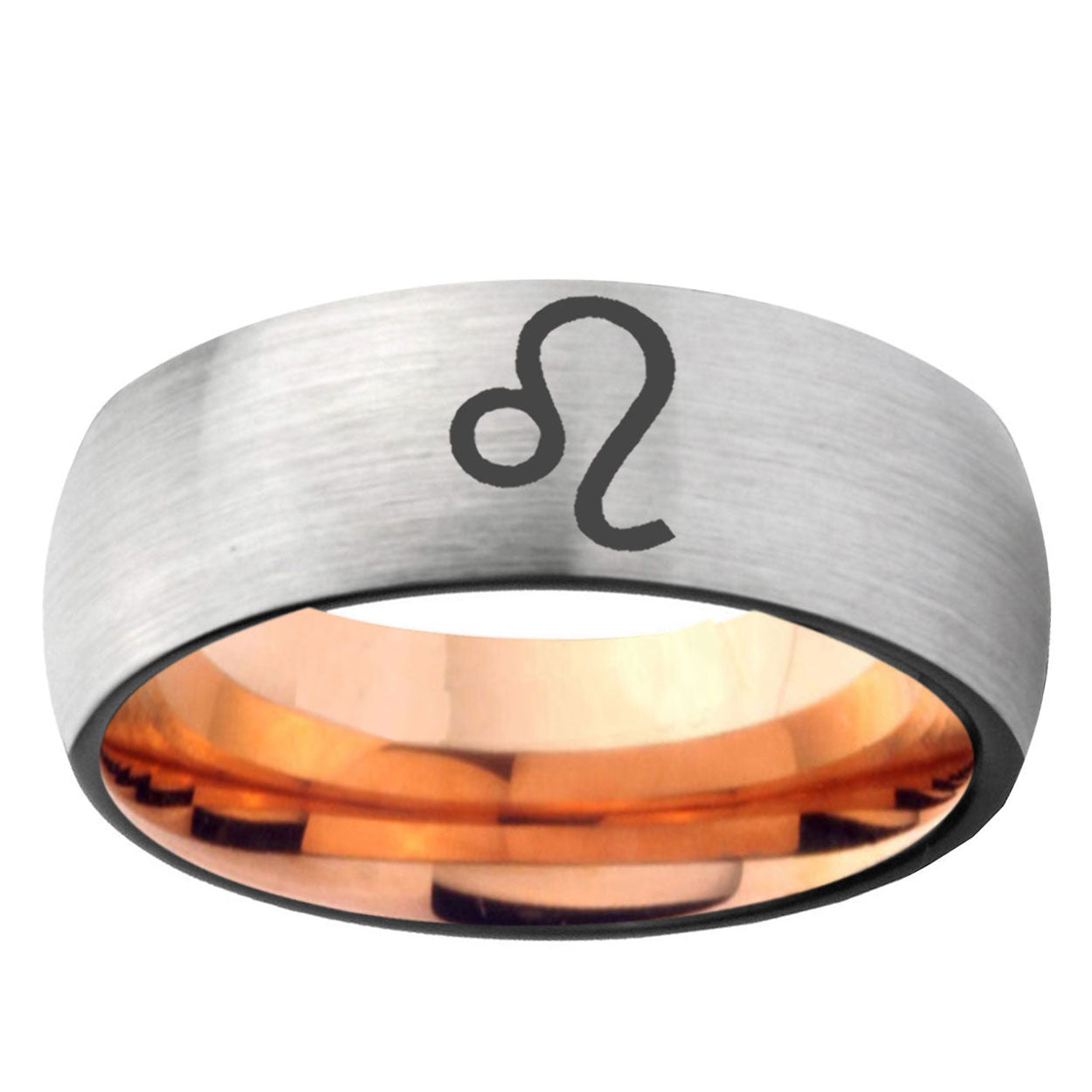 6MM Leo Zodiac Dome Gray And Rose Gold Tungsten Carbide Wedding Bands
