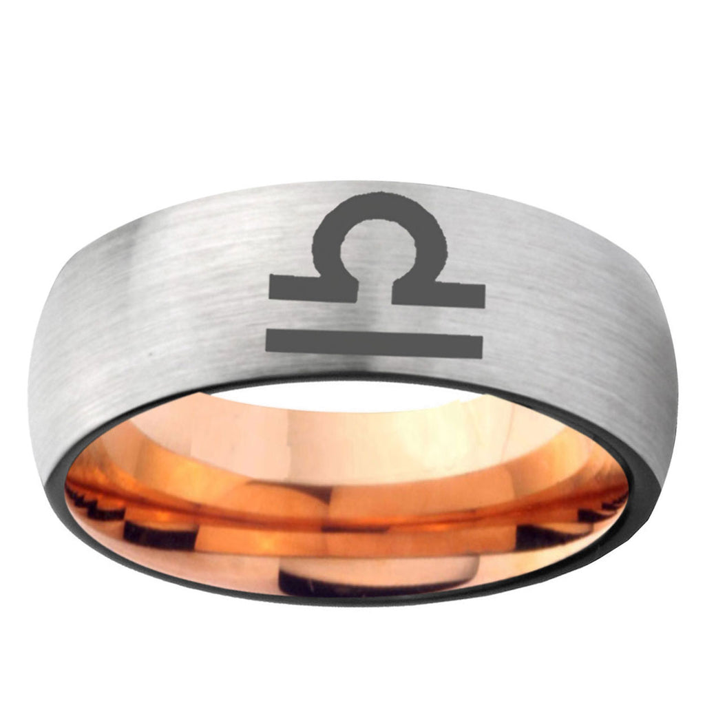 6MM Libra Horoscope Dome Gray And Rose Gold Tungsten Carbide Engraved Ring