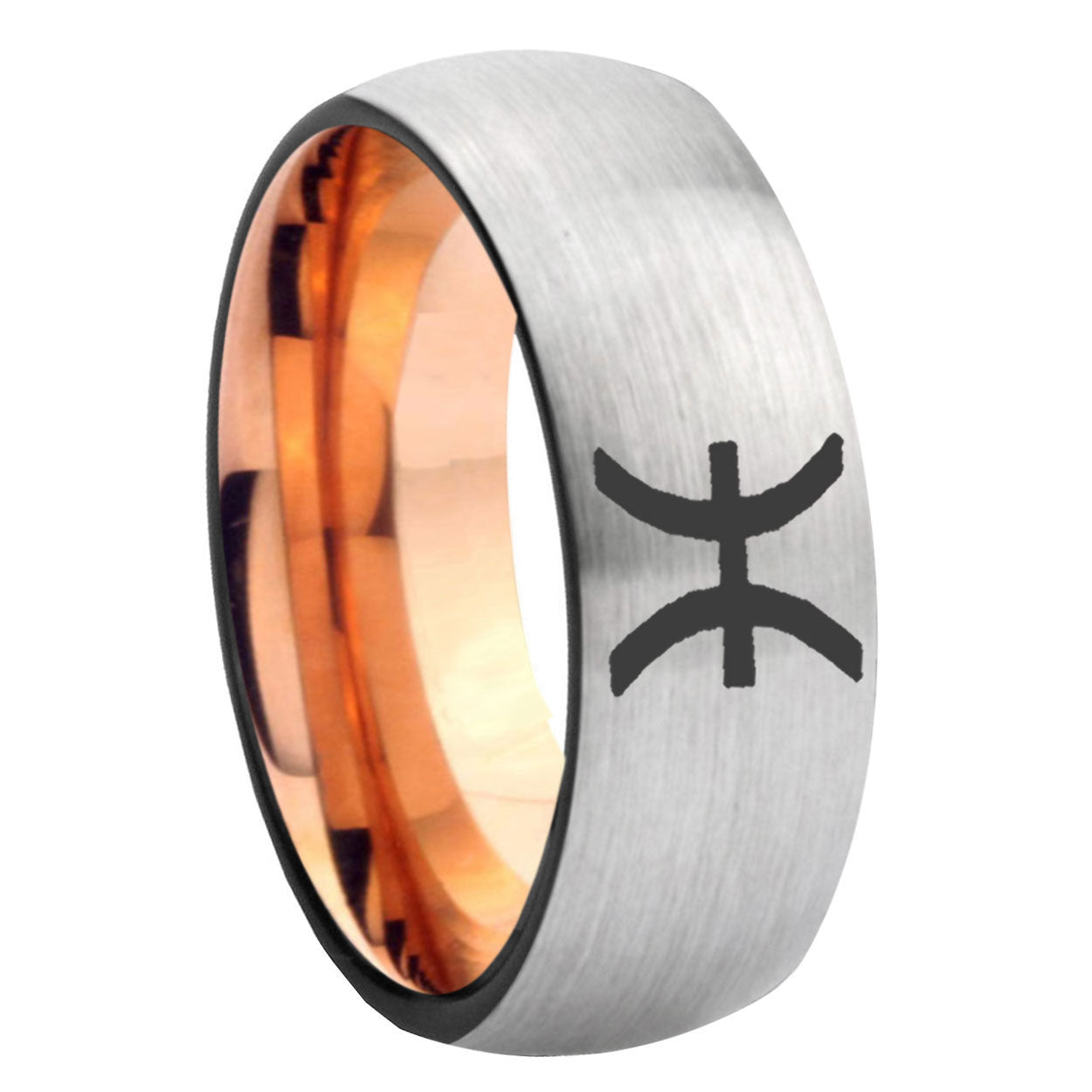 8MM Pisces Zodiac Dome Rose Gold Gray Tungsten Promise Ring For Him