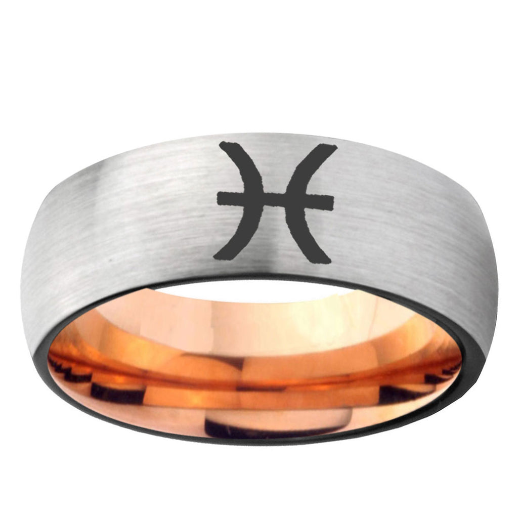 6MM Pisces Zodiac Dome Gray And Rose Gold Tungsten Carbide Engagement Ring