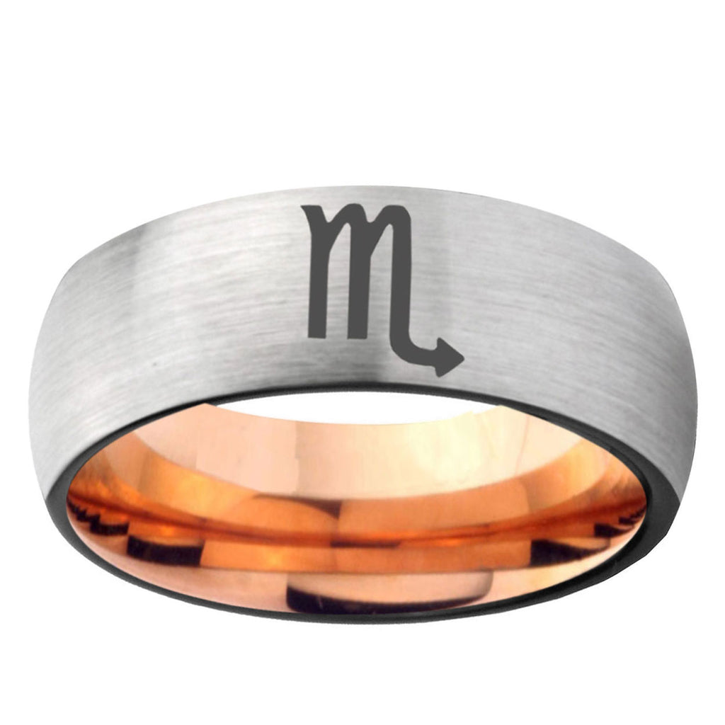 6MM Scorpio Horoscope Dome Gray And Rose Gold Tungsten Carbide Mens Bands Ring