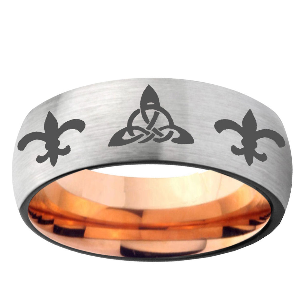6MM Celtic Triangle Fleur-De-Lis Dome Gray And Rose Gold Tungsten Carbide Men's Bands Ring