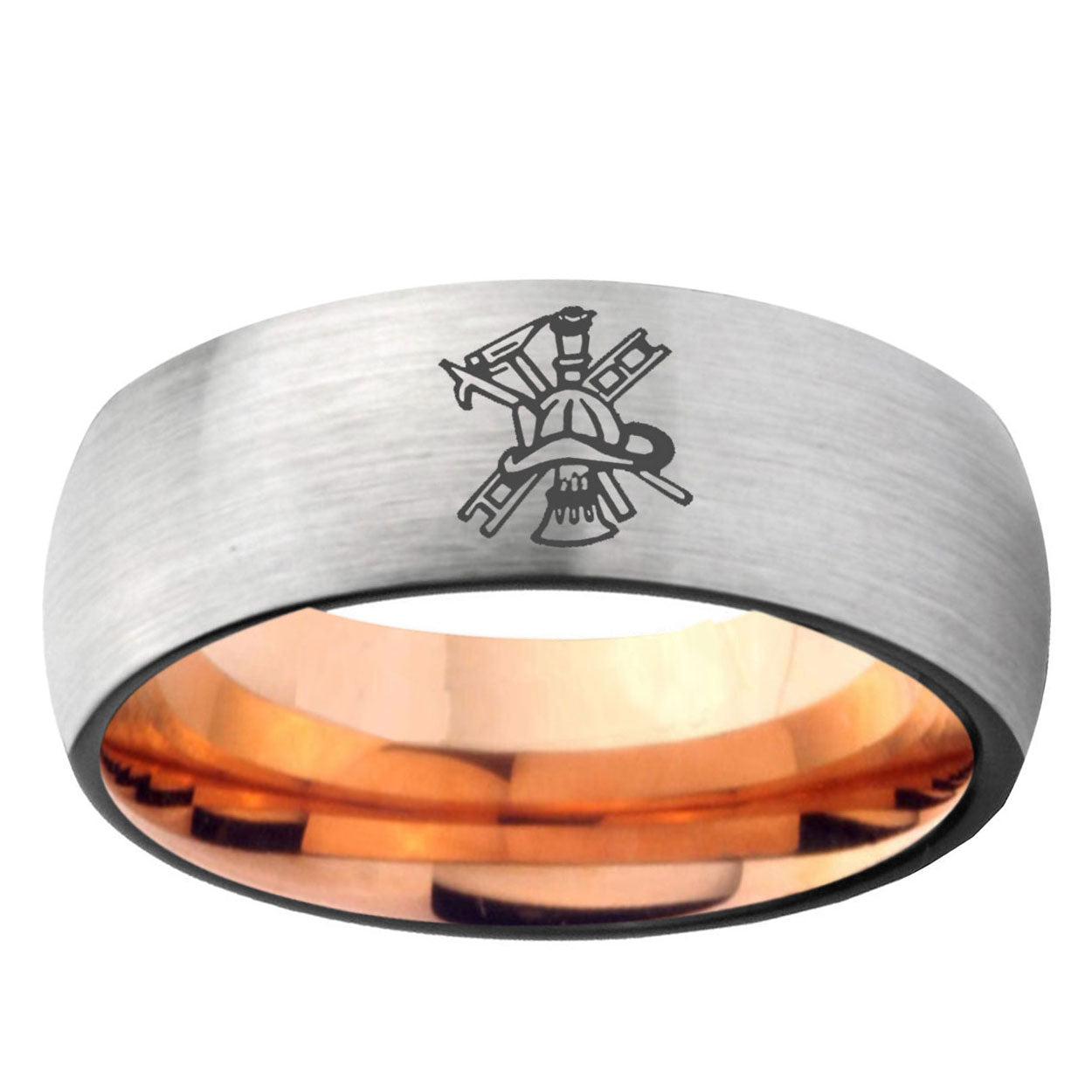 6MM Fireman Dome Gray And Rose Gold Tungsten Carbide Mens Ring Personalized