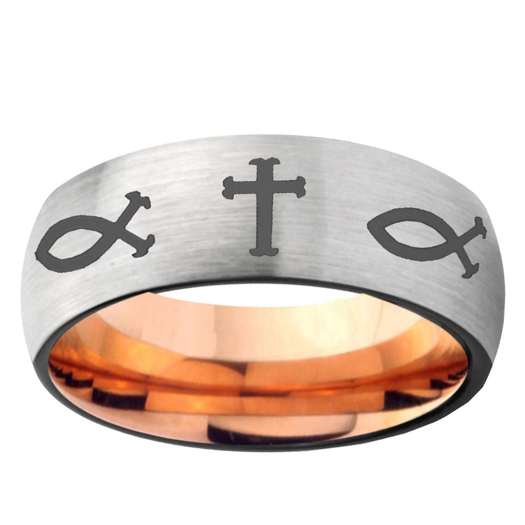 6MM Fish & Cross Dome Gray And Rose Gold Tungsten Carbide Men's Ring