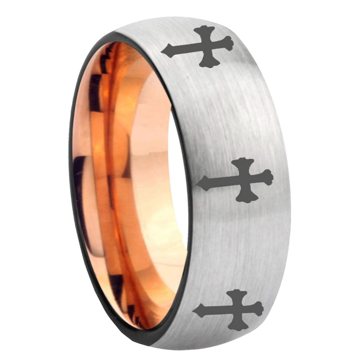 8MM Multiple Christian Cross Dome Rose Gold Gray Tungsten Mens Ring