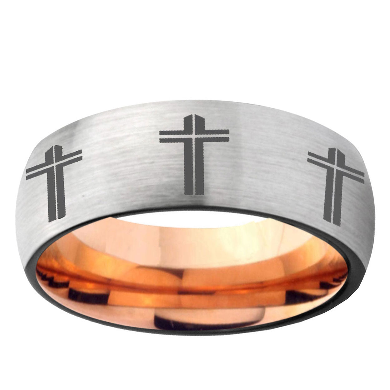 6MM Multiple Christian Cross Dome Gray And Rose Gold Tungsten Carbide Engagement Band