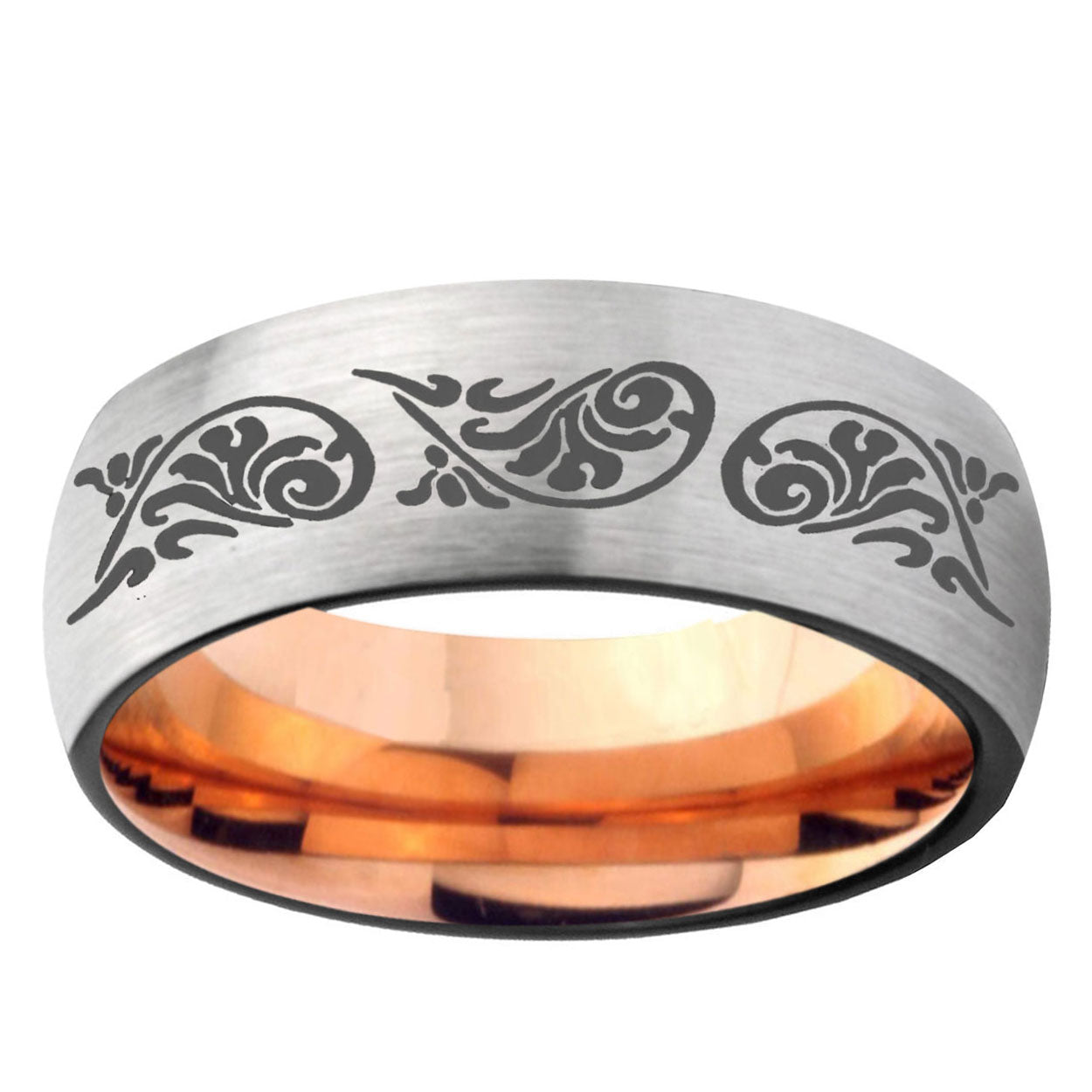6MM Etched Tribal Pattern Dome Gray And Rose Gold Tungsten Carbide Rings for Men