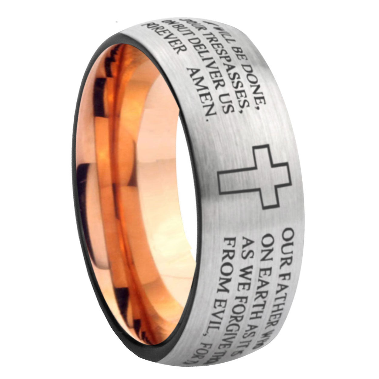 8MM Etched Lord's Prayer Dome Rose Gold Gray Tungsten Custom Ring