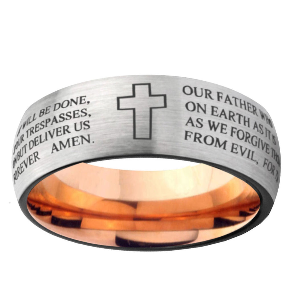 6MM Etched Lord's Prayer Cross Dome Gray And Rose Gold Tungsten Carbide Men's Ring