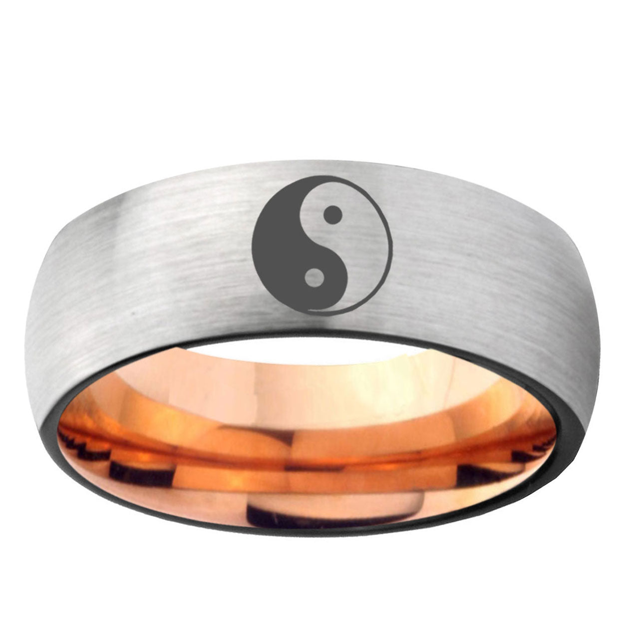6, 8mm Yin Yang Dome Tungsten Carbide Rose Gold Anniversary Ring