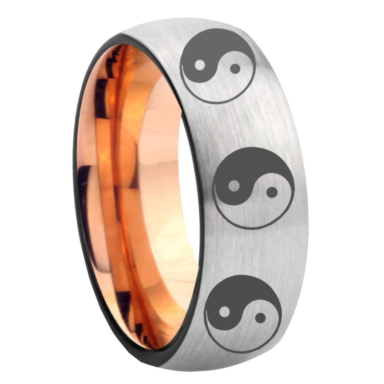 8MM Multiple Yin Yang Dome Rose Gold Gray Tungsten Ring Men