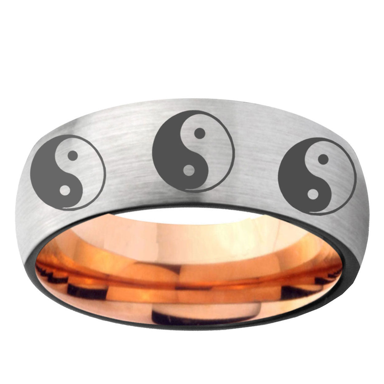 6MM Multiple Yin Yang Dome Gray And Rose Gold Tungsten Carbide Men's Wedding Ring