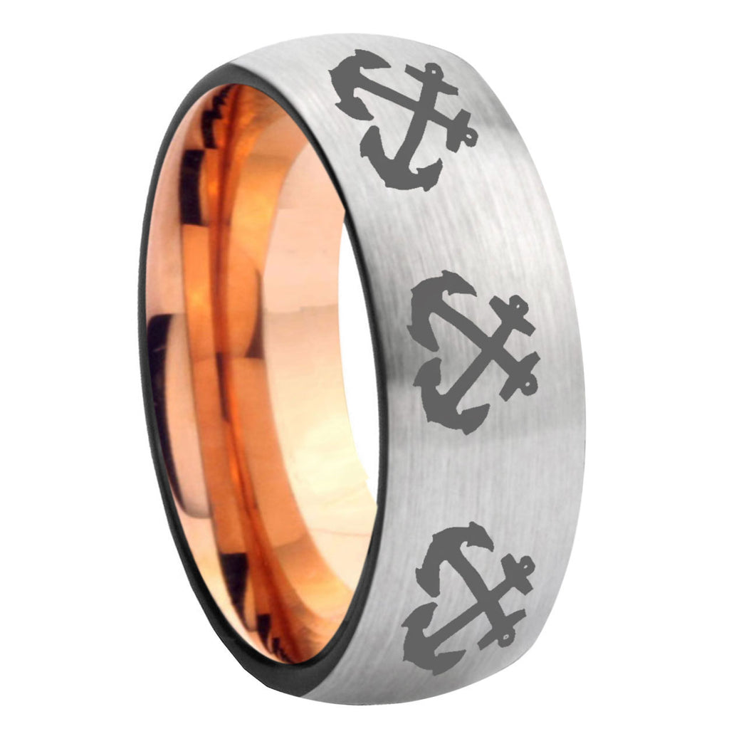 8MM Multiple Anchor Dome Rose Gold Gray Tungsten Ring Men