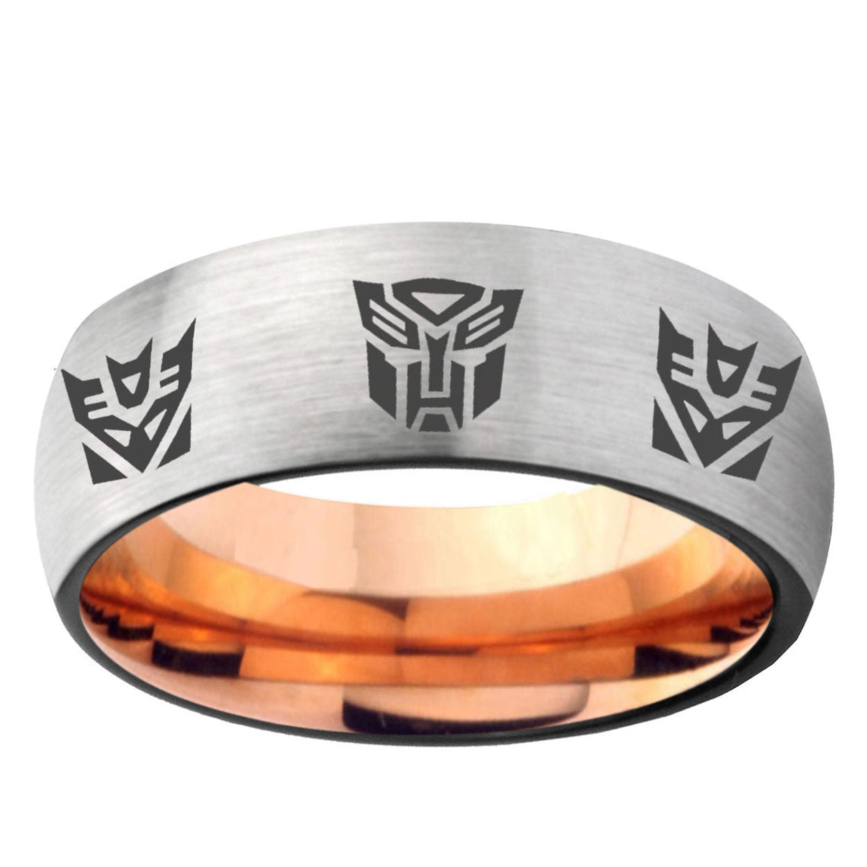 6MM Transformers Autobot Decepticon Dome Gray And Rose Gold Tungsten Carbide Men's Wedding Band