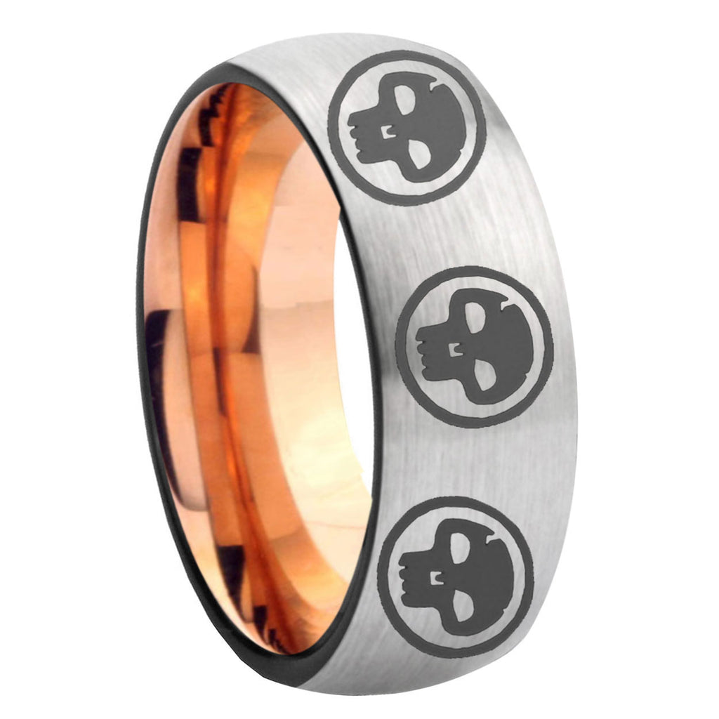 8MM Multiple Skull Dome Rose Gold Gray Tungsten Ring Men