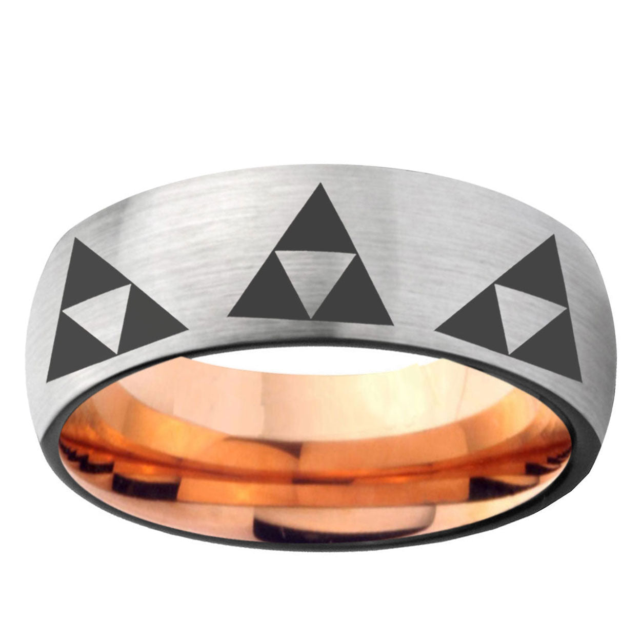 6MM Multiple Zelda Triforce Dome Gray And Rose Gold Tungsten Carbide Engraved Ring