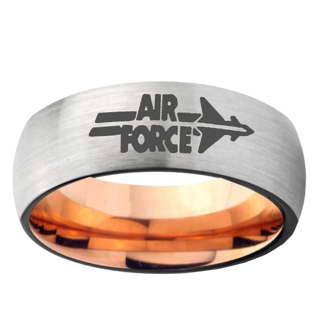 6MM Classic Dome Air Force Shiny Gray And Rose Gold Tungsten Laser Engraved Ring