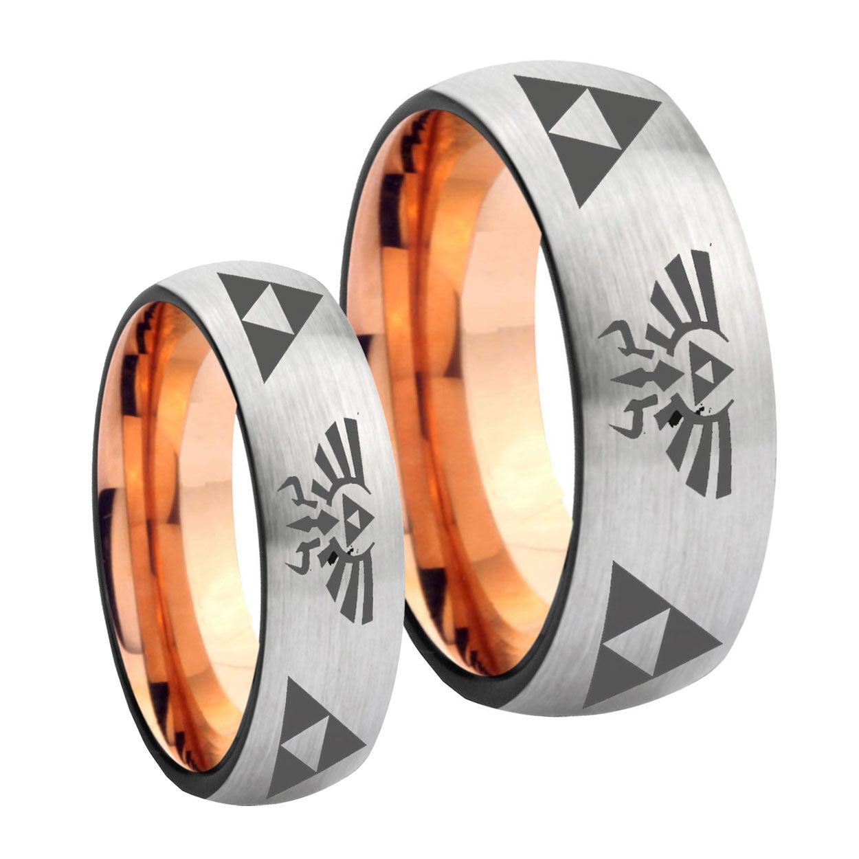 Legend of Zelda Dome Gray Rose Gold Tungsten His Hers Ring Set