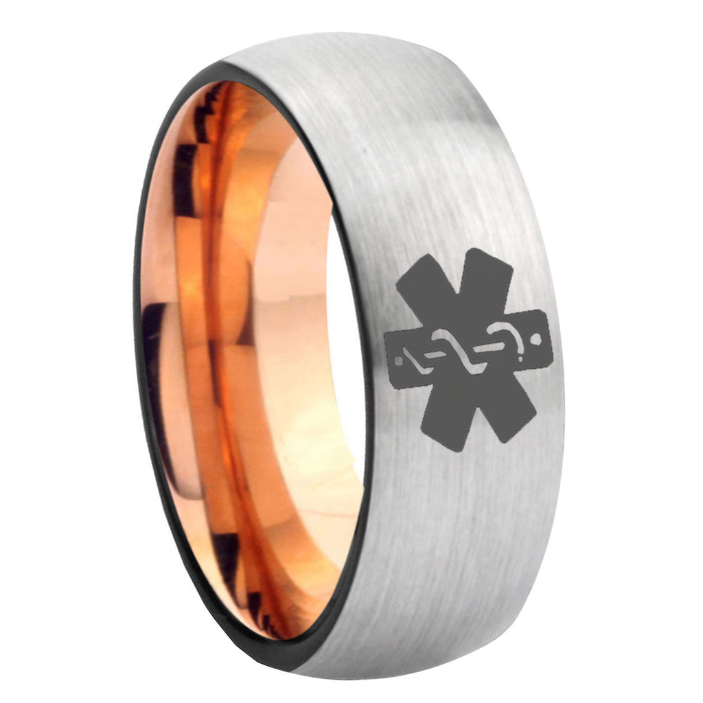 8MM Medical Alert Dome Rose Gold Gray Tungsten Custom Engraved Ring