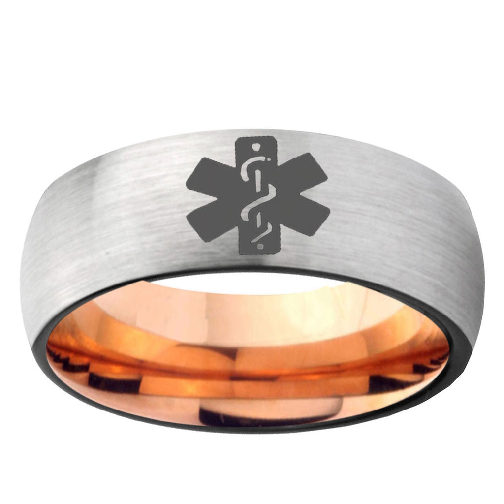 6, 8mm Medical Alert Dome Tungsten Carbide Rose Gold Anniversary Ring