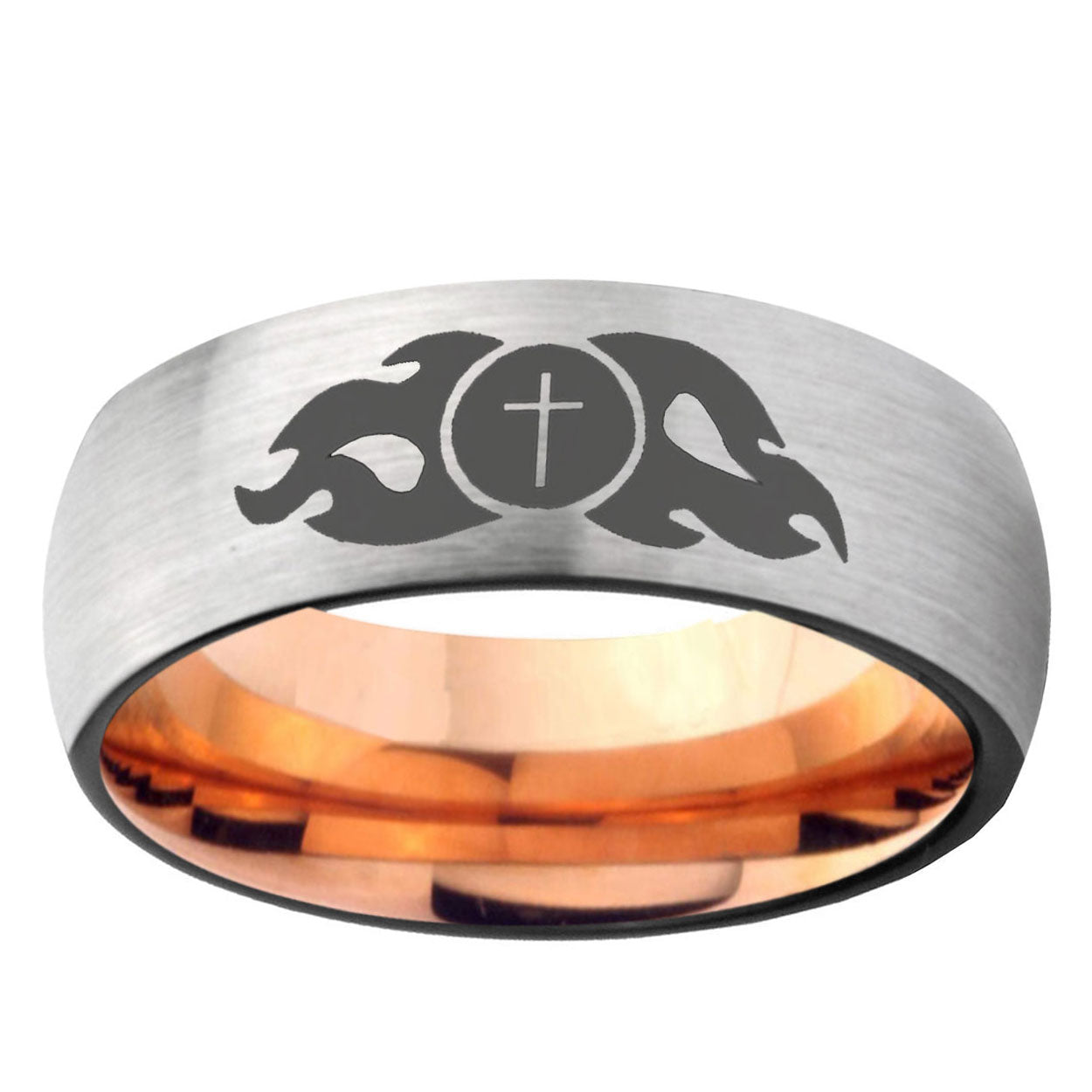 6MM Flamed Cross Dome Gray And Rose Gold Tungsten Carbide Wedding Band Ring