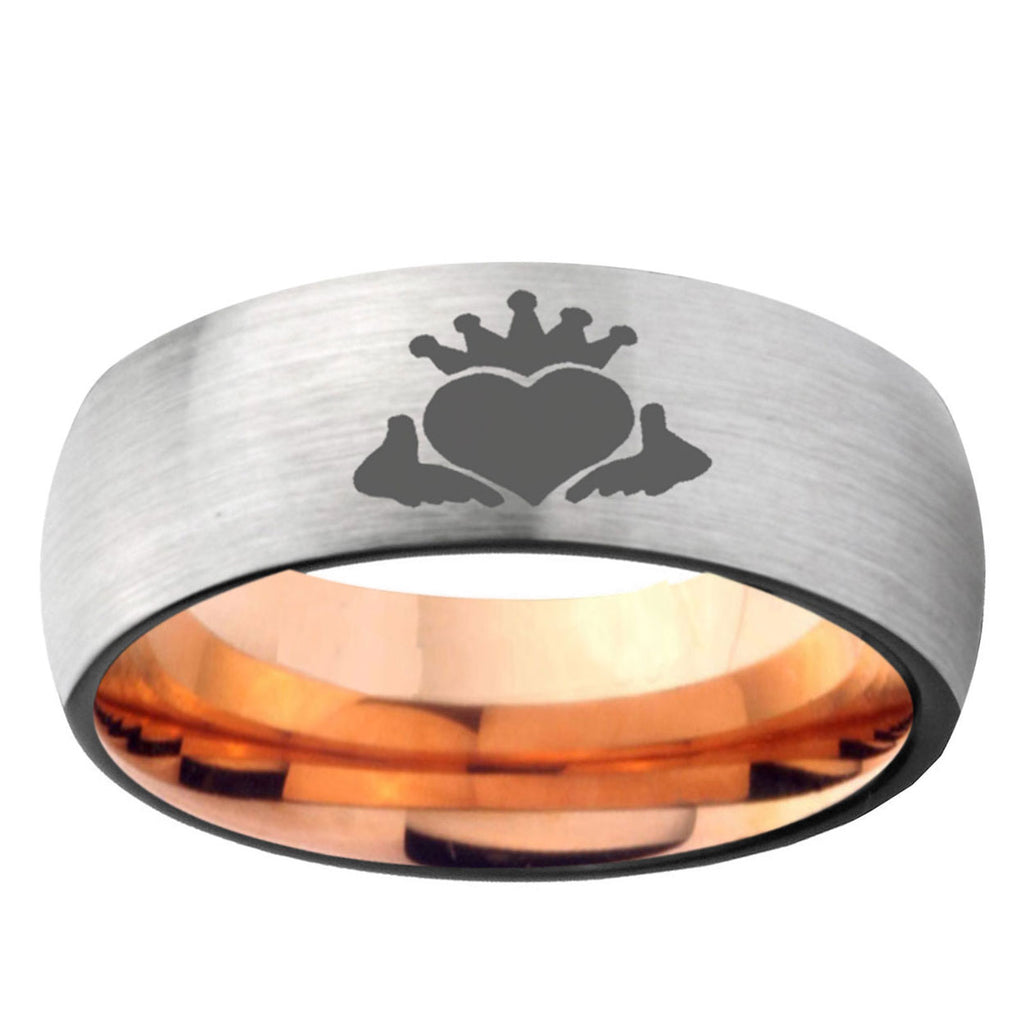 6MM Claddagh Design Dome Gray And Rose Gold Tungsten Carbide Mens Bands Ring