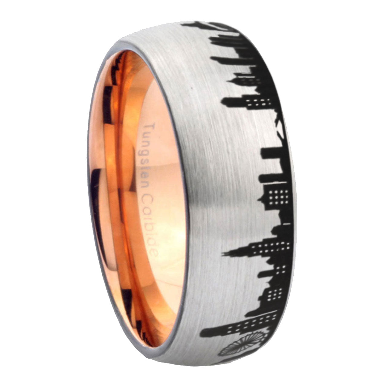 8MM Chicago City Dome Brushed Gray Tungsten Rose Gold Plated Ring