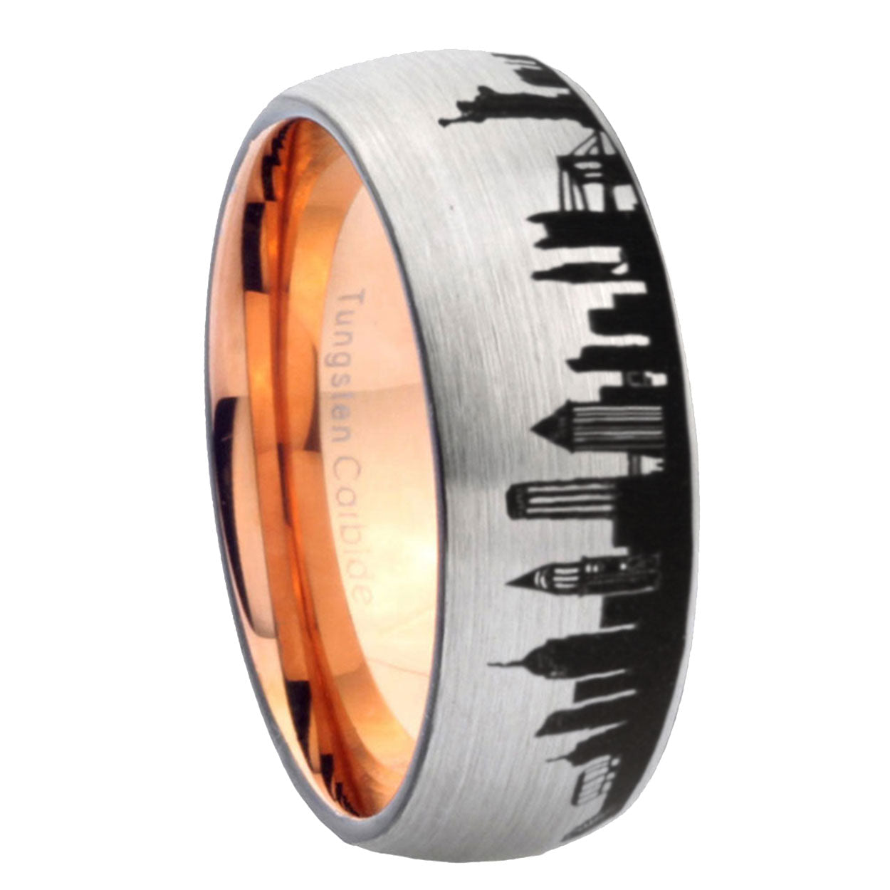 NY New York City Dome Brushed Gray Tungsten Rose Gold Ring