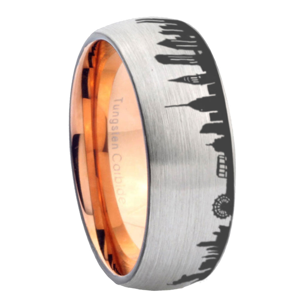 8MM NY New York City Dome Brushed Gray Tungsten Rose Gold Ring