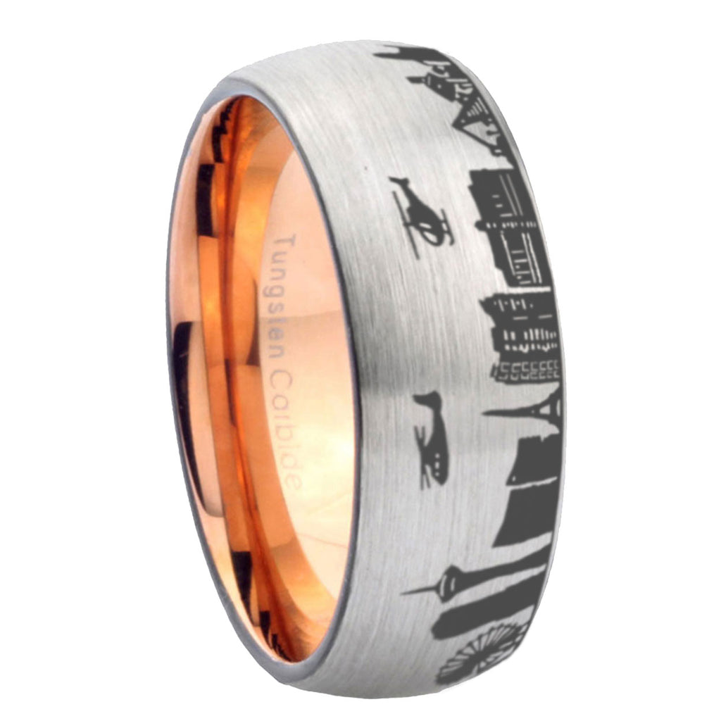 8MM LA Las Vegas City Dome Brushed Gray Tungsten Rose Gold Ring