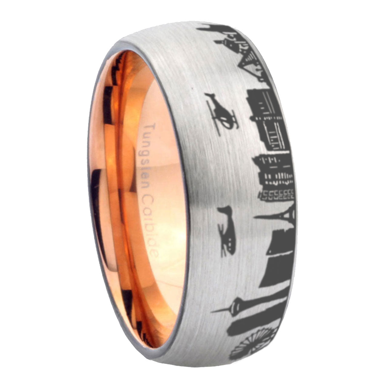 8MM LA Las Vegas City Dome Brushed Gray Tungsten Rose Gold Ring