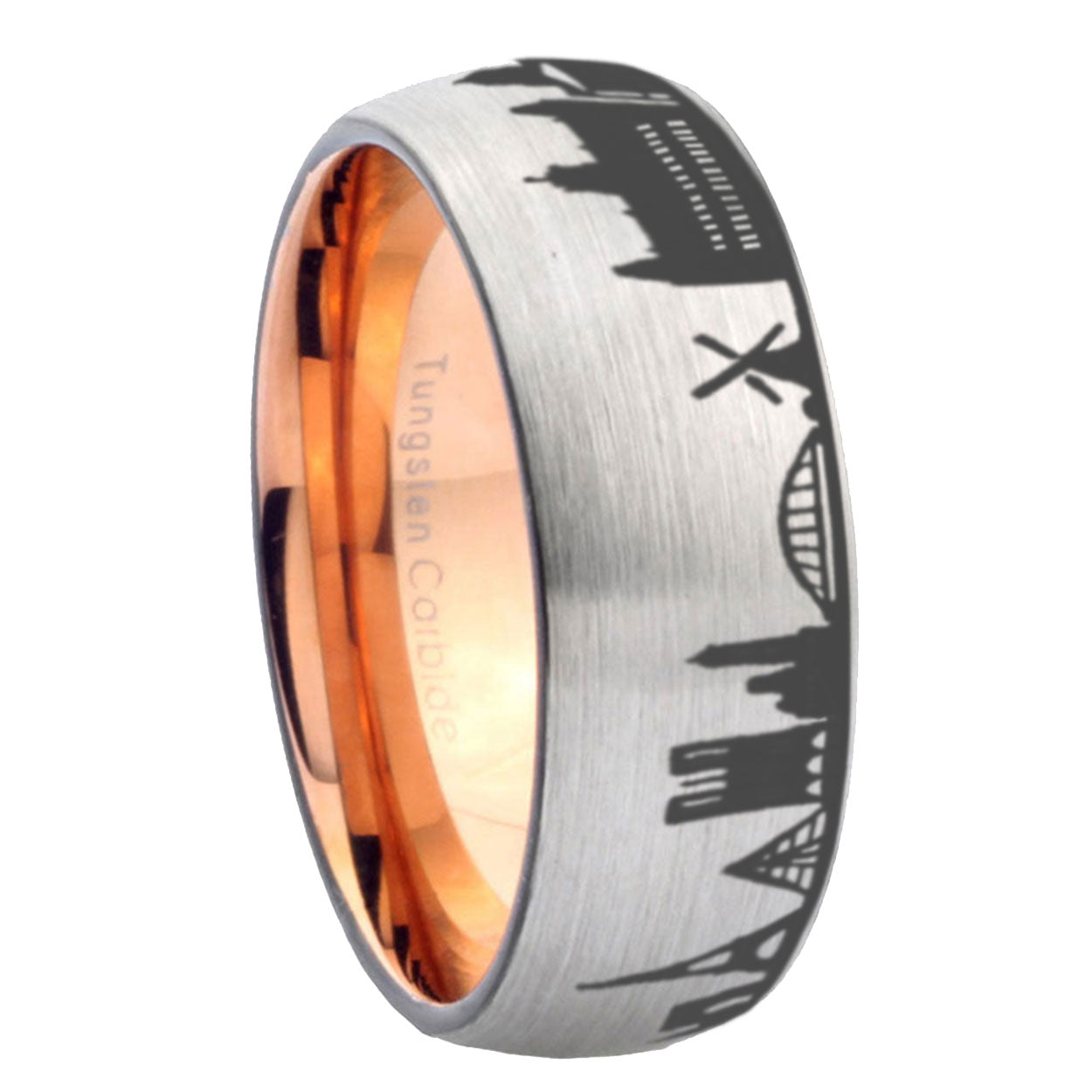 France Paris City Dome Brushed Gray Tungsten Rose Gold Ring