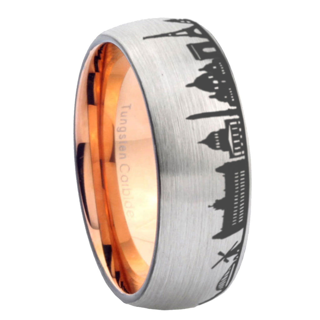 8MM France Paris City Dome Brushed Gray Tungsten Rose Gold Ring