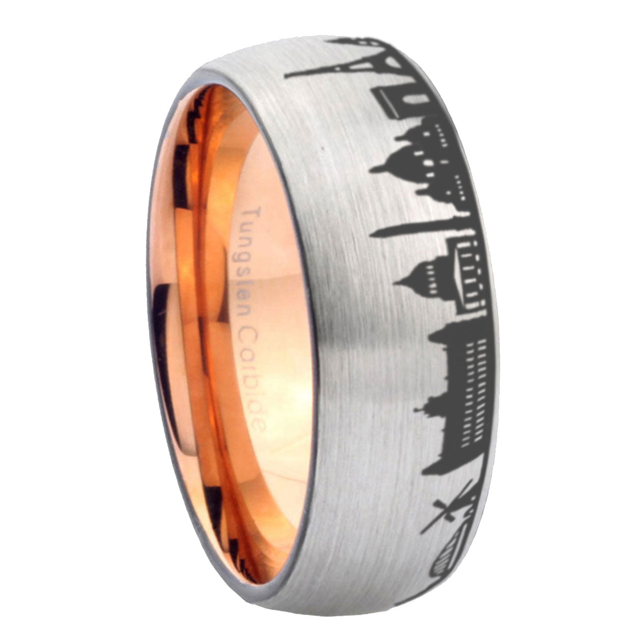 8MM France Paris City Dome Brushed Gray Tungsten Rose Gold Ring