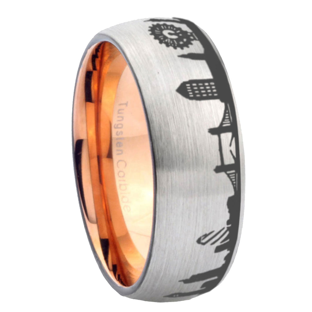 8MM UK London City Dome Brushed Gray Tungsten Rose Gold Ring