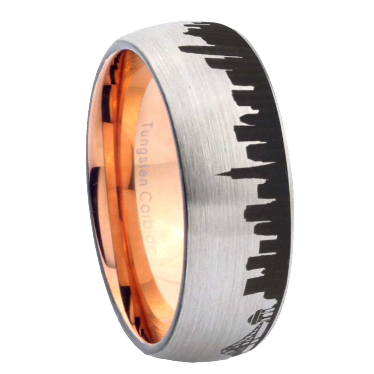 8MM CA San Francisco City Dome Brushed Gray Tungsten Rose Gold Ring
