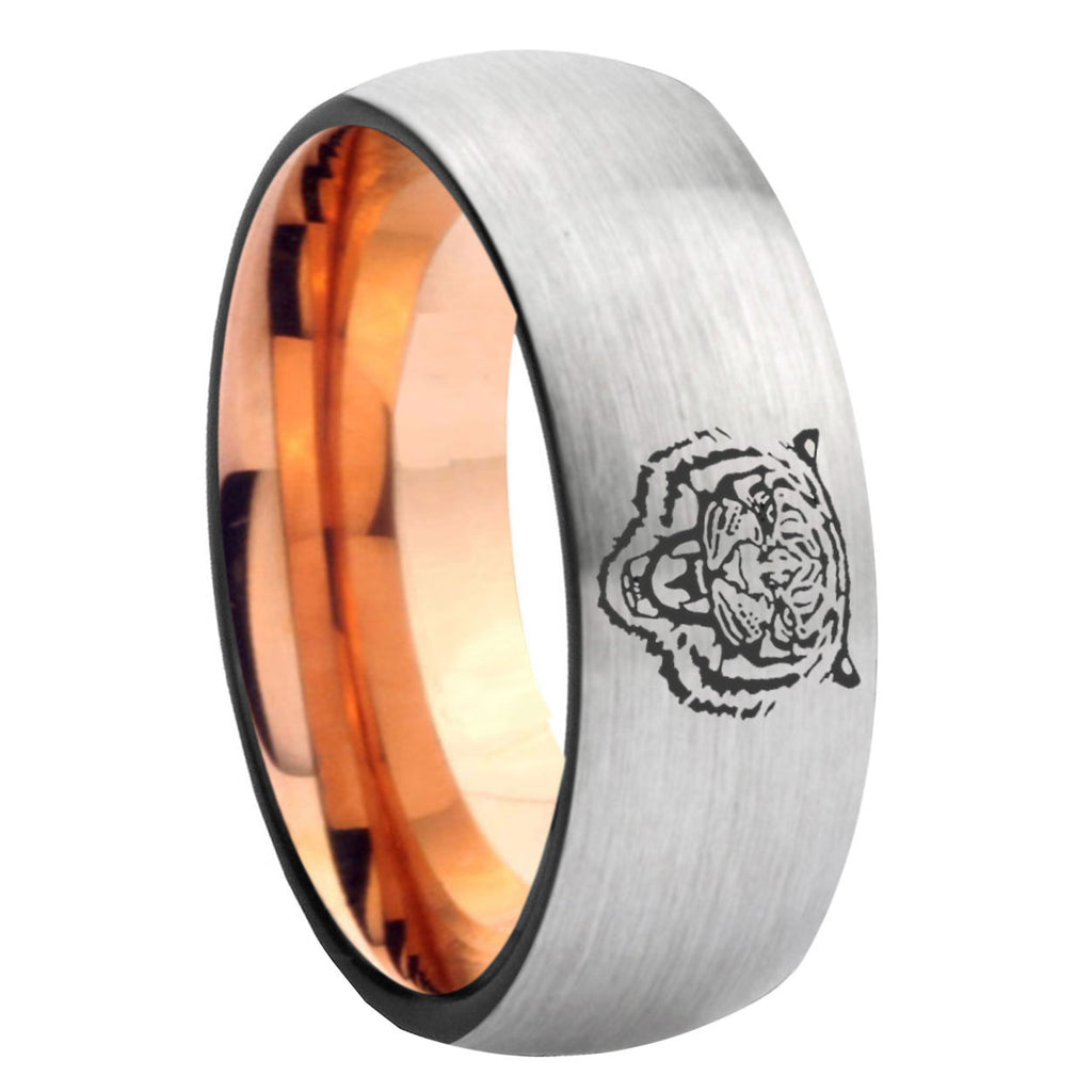 8MM Lion Dome Rose Gold Gray Tungsten Mens Wedding Ring