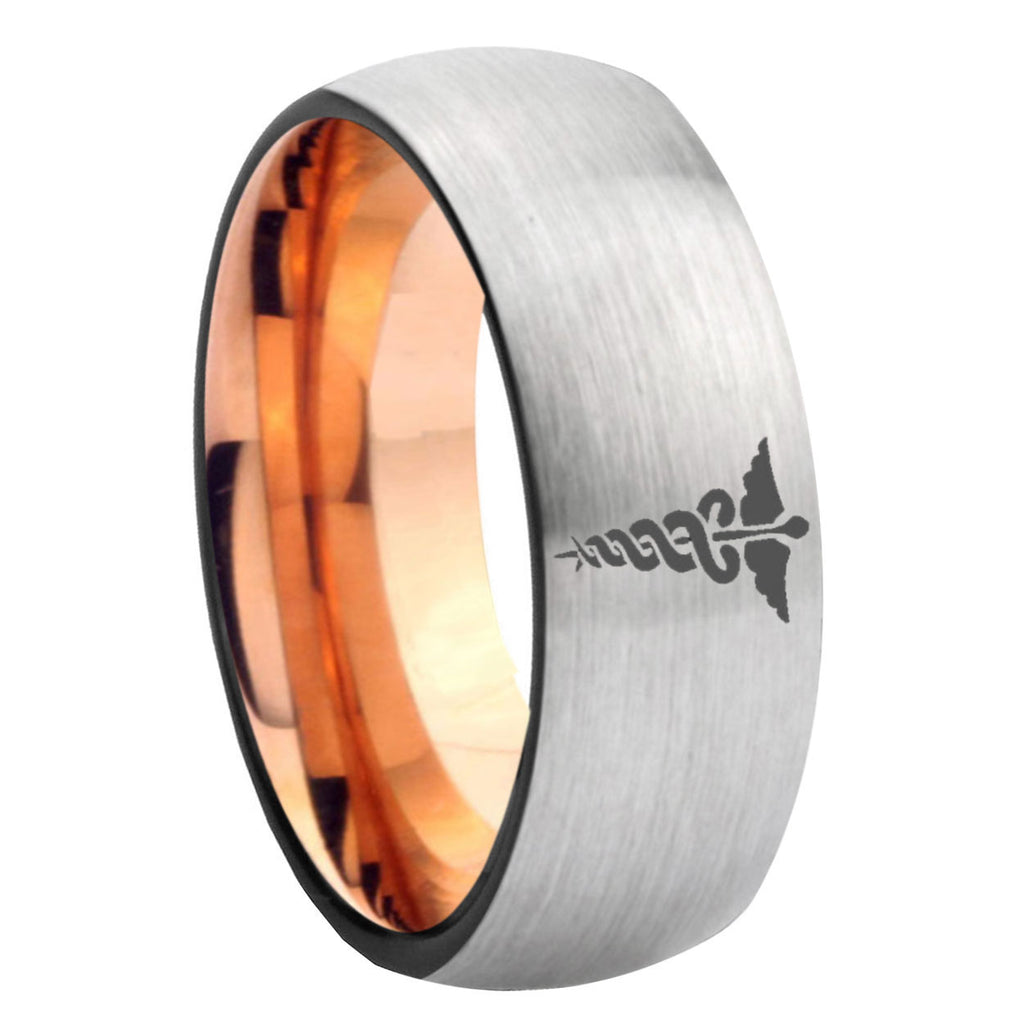 8MM Medical Symbol Dome Rose Gold Gray Tungsten Ring For Men