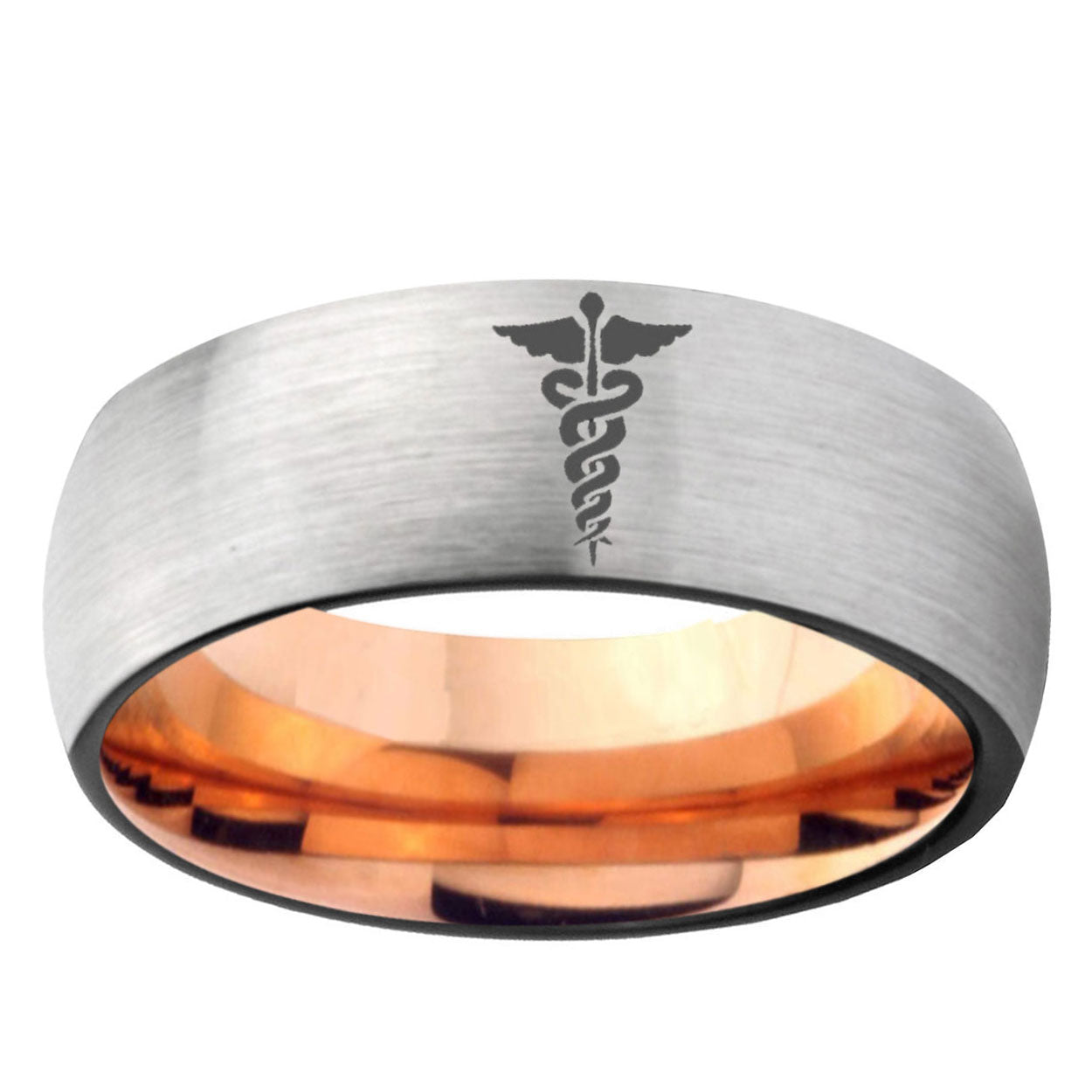 6MM Medical Symbol Dome Gray And Rose Gold Tungsten Carbide Men's Ring