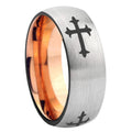 8MM Christian Cross Religious Dome Rose Gold Gray Tungsten Mens Ring