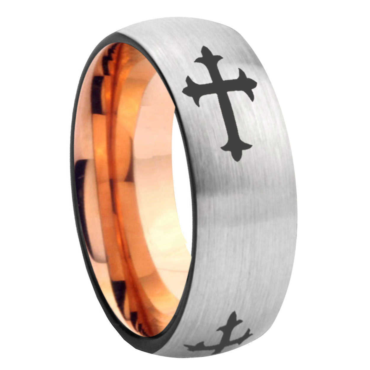 8MM Christian Cross Religious Dome Rose Gold Gray Tungsten Mens Ring