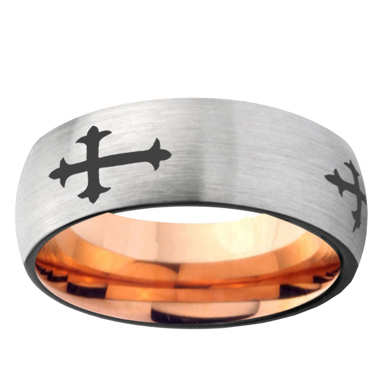 6MM Christian Cross Religious Dome Gray And Rose Gold Tungsten Carbide Engagement Ring