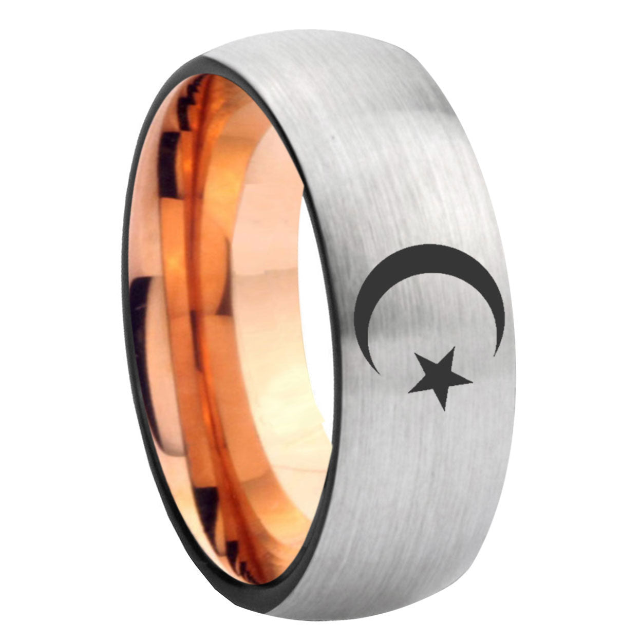 8MM Crescent Moon Stars Dome Rose Gold Gray Tungsten Engravable Ring