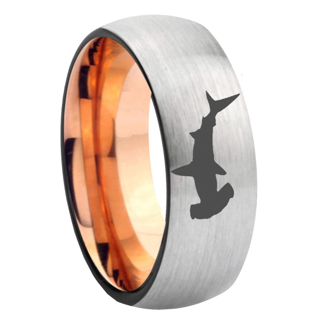 8MM Hammerhead Shark Dome Rose Gold Gray Tungsten Comfort Fit Ring
