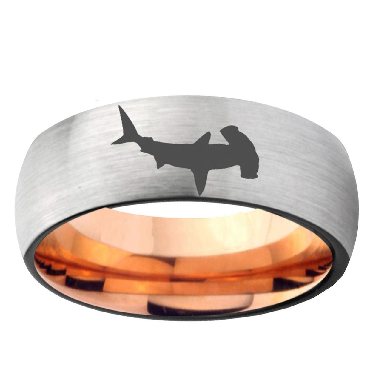 6MM Hammerhead Shark Dome Gray And Rose Gold Tungsten Carbide Men's Ring