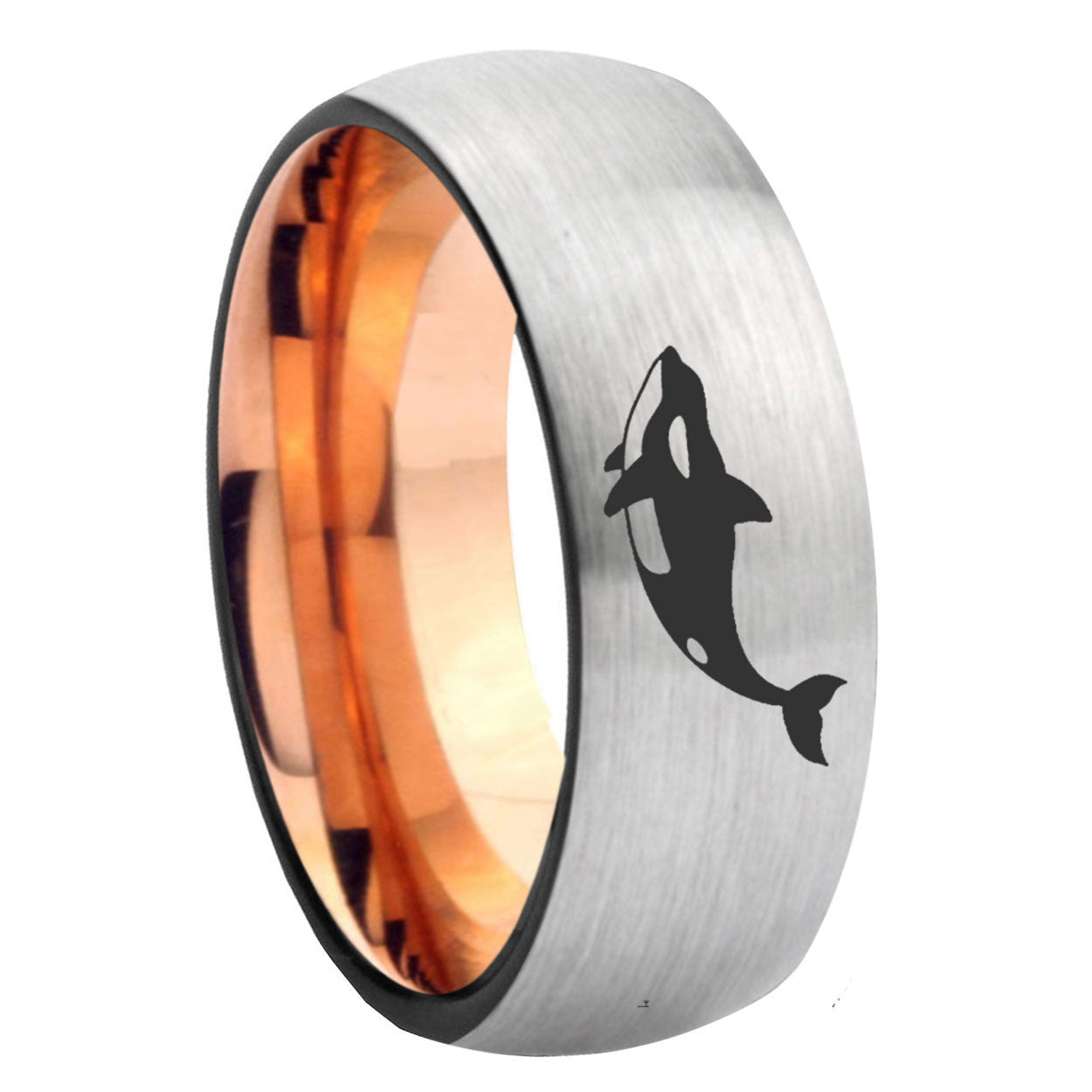 8MM Killer Whale Dome Rose Gold Gray Tungsten Engravable Ring