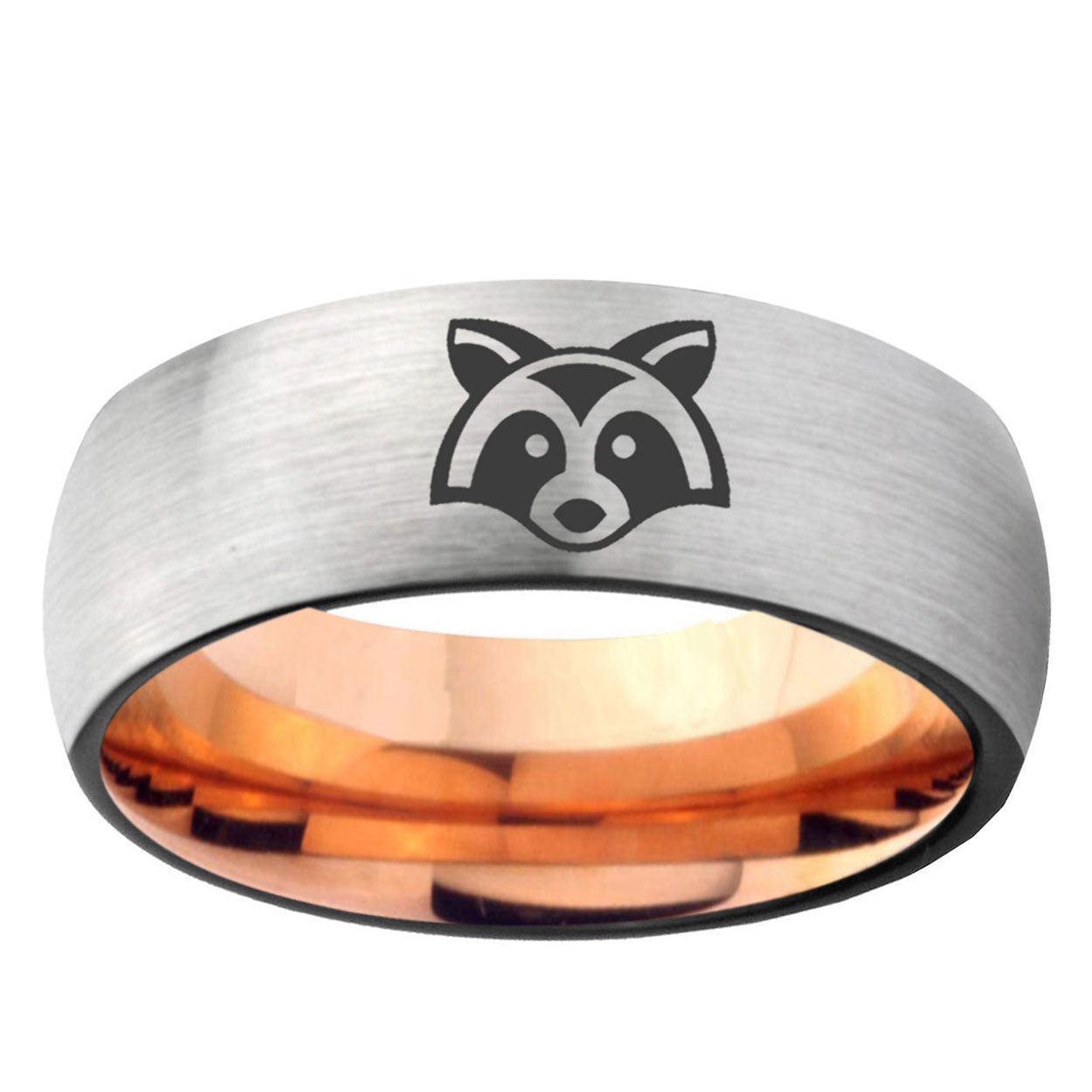 6MM Raccoon Animal Dome Gray And Rose Gold Tungsten Carbide Men's Ring