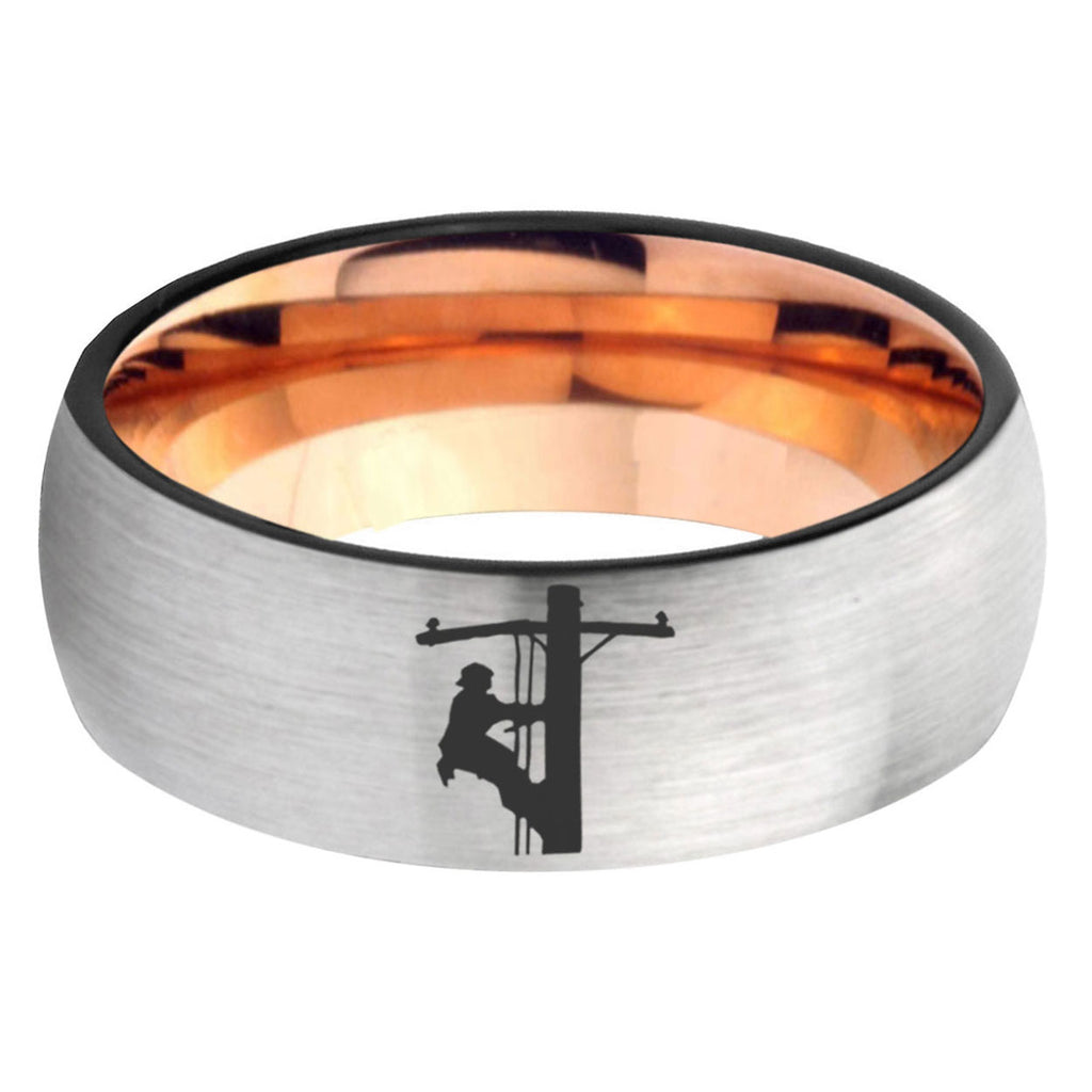 6, 8mm Lineman Symbol Dome Rose Gold Silver Carbon Fiber Wedding Band