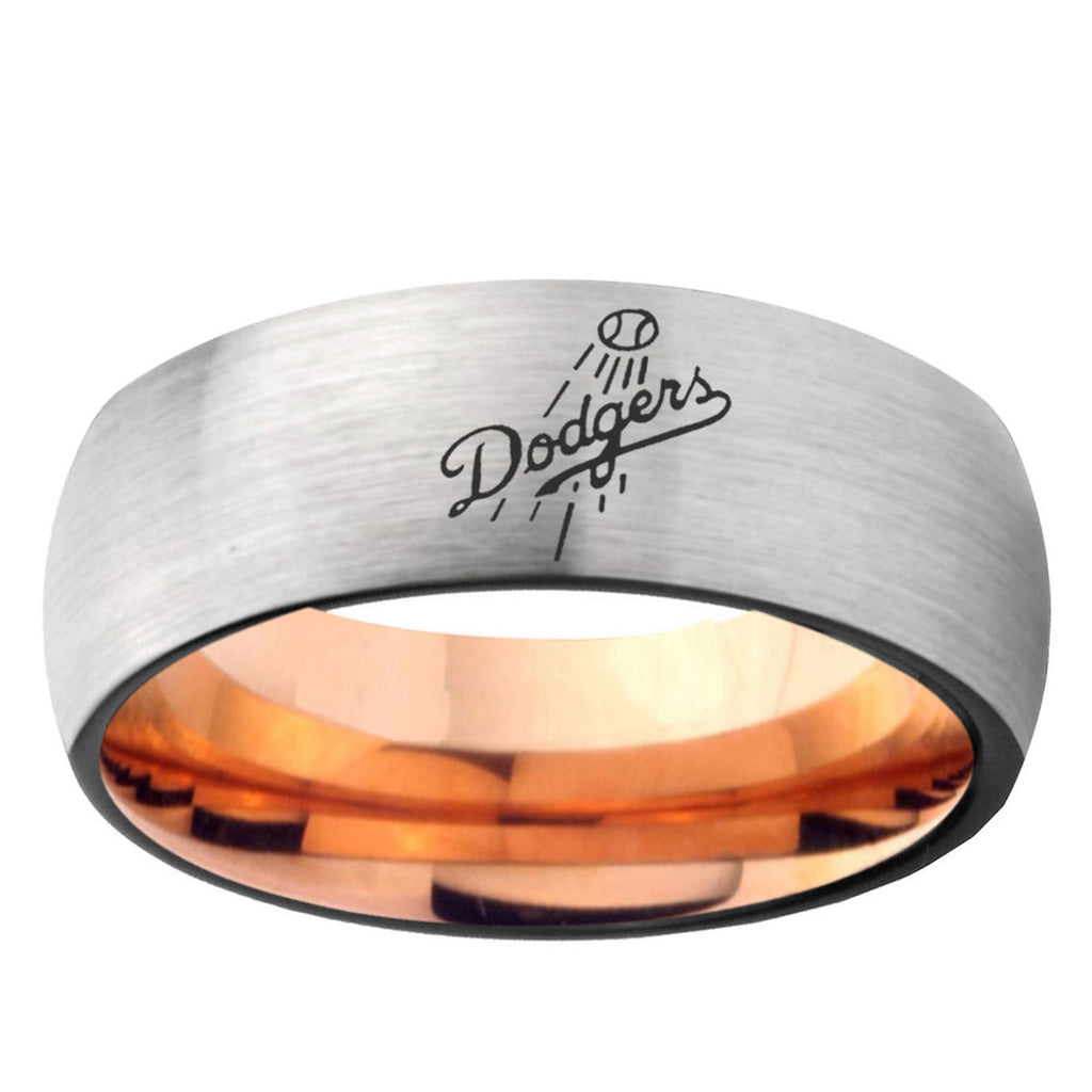 6MM LA Dogers MLB Baseball Dome Gray And Rose Gold Tungsten Carbide Mens Ring Engraved